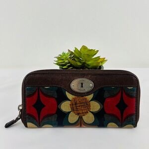 Fossil Key-Per Zip Around Wallet Retro Floral Coated Canvas Brown Leather Trim